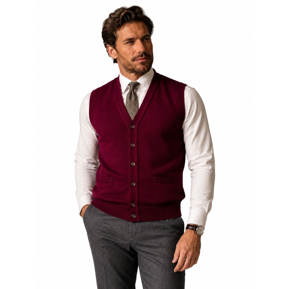 O'Connells $285 Lambswool Sweater Vest Cardigan Men's  Sz38 Burgundy Scotland